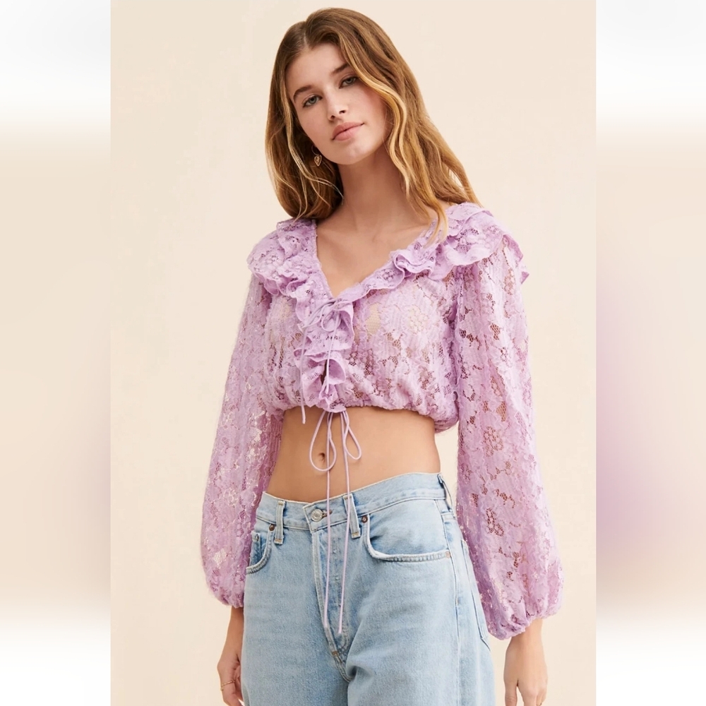 FOR LOVE AND LEMONS PUFF Lace Ruffled Crop Top Lilac 90s Cottage Fairycore
